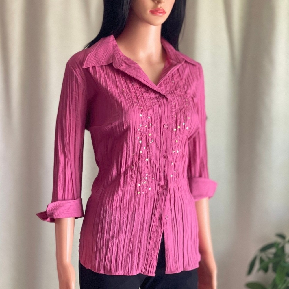 Magenta Pink Crinkle Sequin 3/4 Sleeve‎ Blouse Whimsigoth Officecore Boho Size L